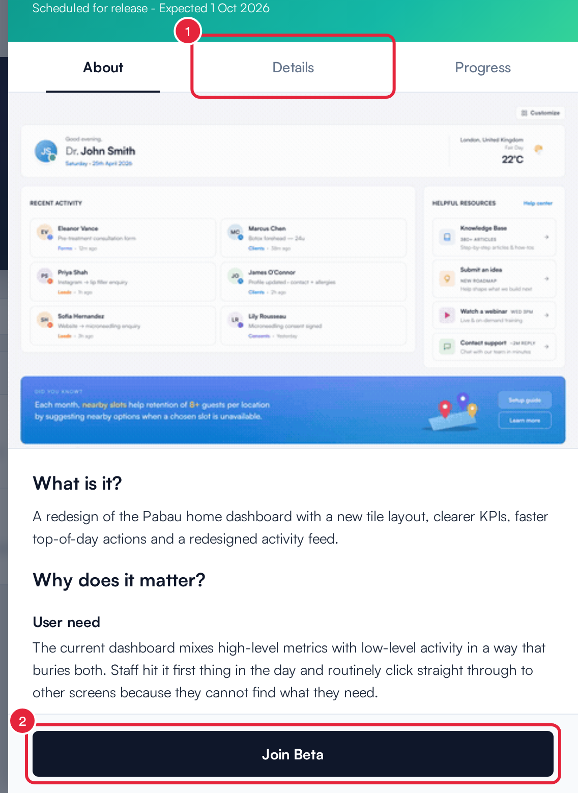 A beta's details panel with the Details tab and the Join Beta button marked