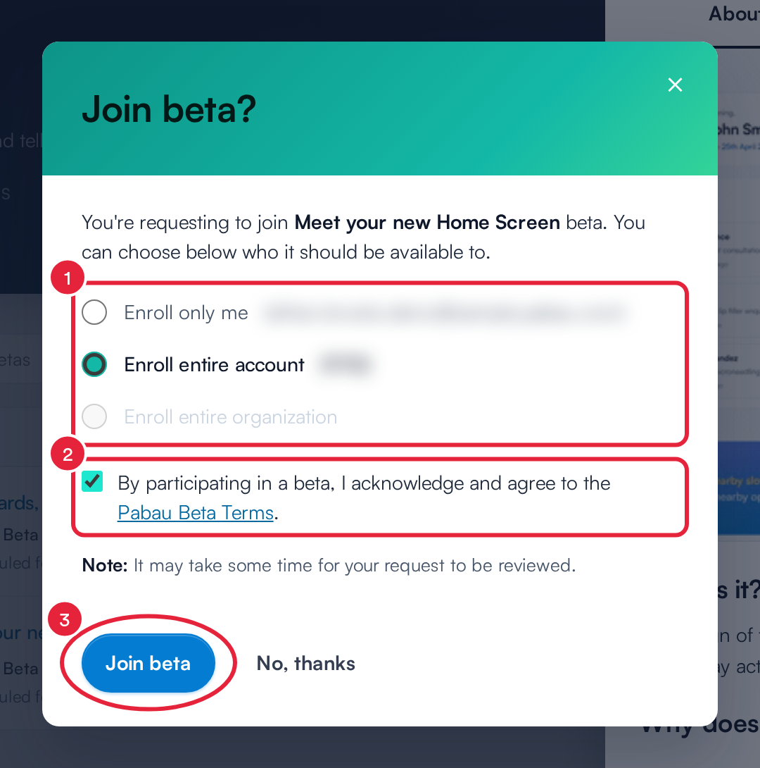 The Join beta dialog with the enrolment options, the Pabau Beta Terms checkbox and the Join beta button marked