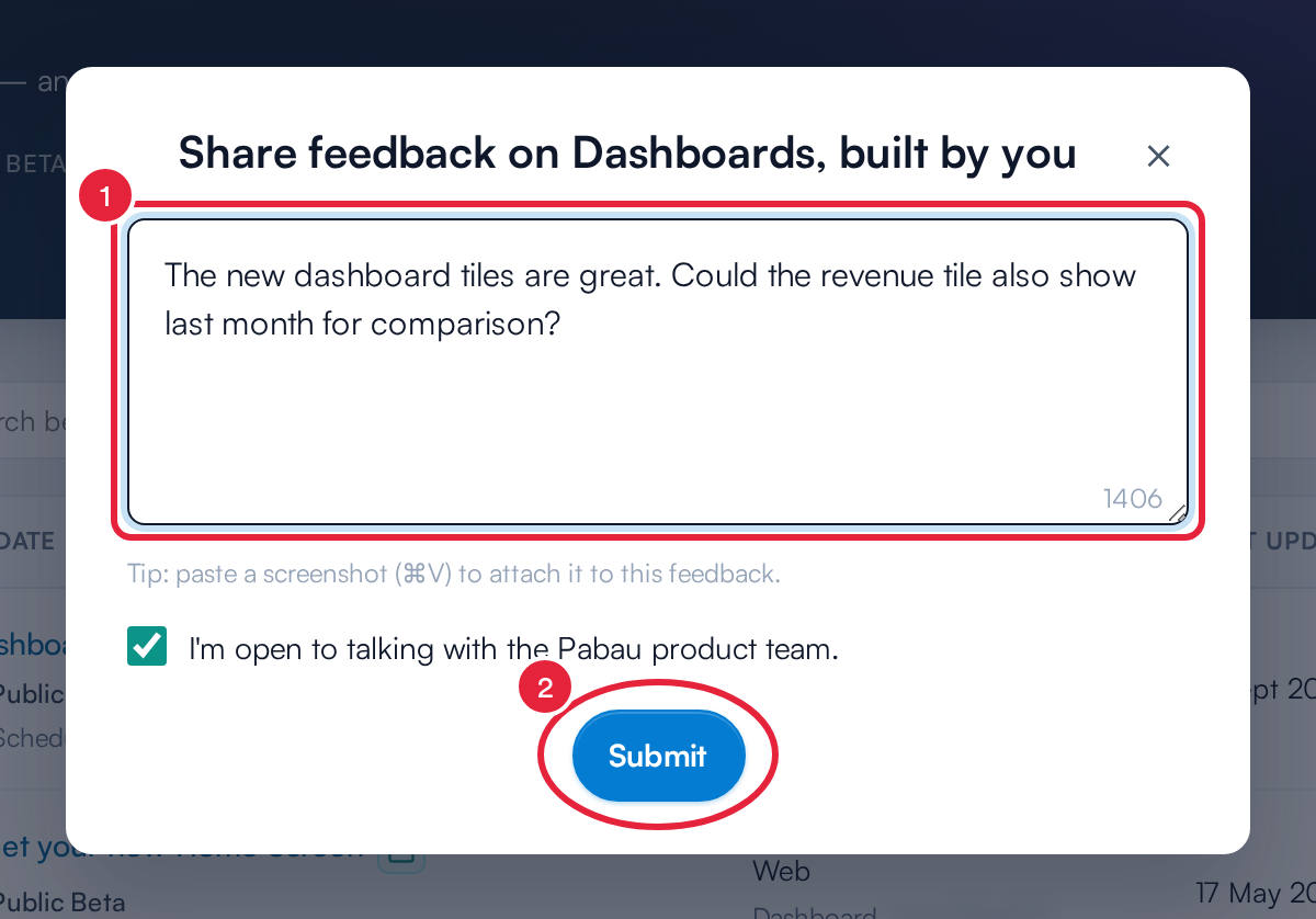 The Share feedback window with a comment typed in and the Submit button marked