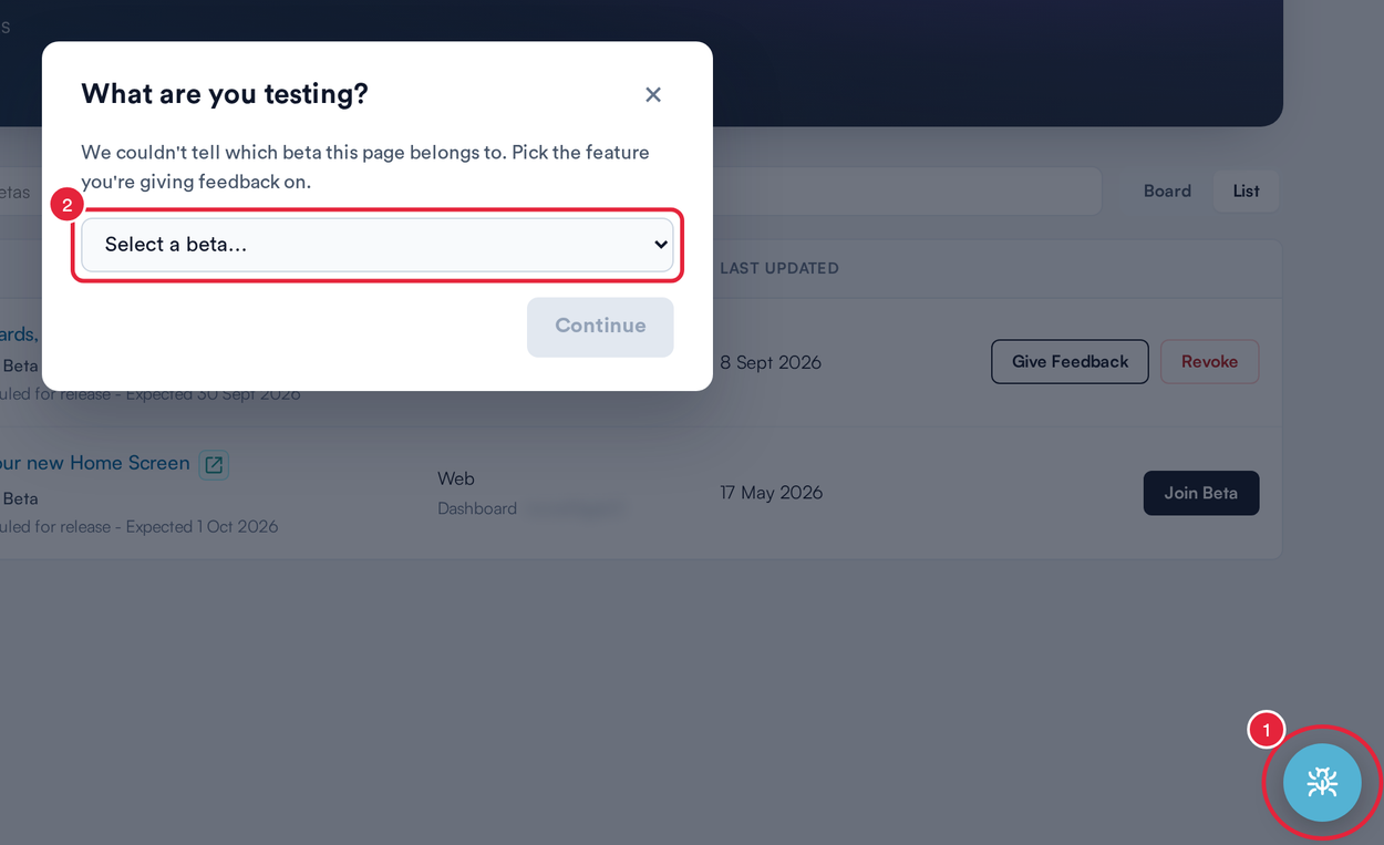 The Report Issue button in the bottom right corner and the What are you testing? window with its beta list marked