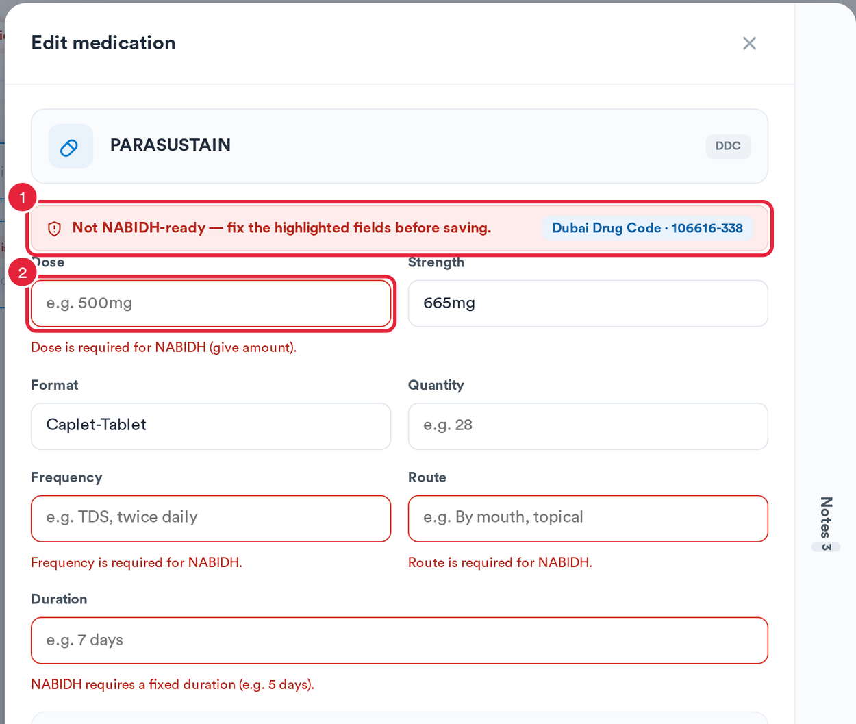 The Edit medication window with the Not NABIDH-ready strip and a highlighted Dose field marked