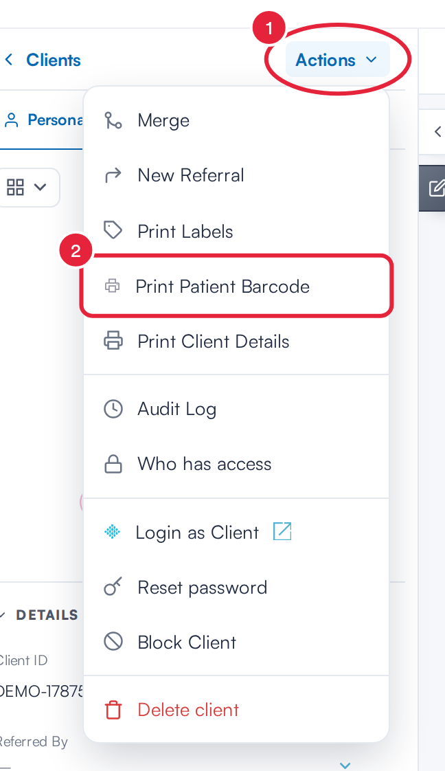 The Actions menu on the client card with Print Patient Barcode marked