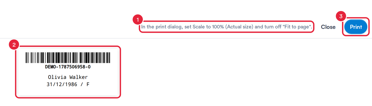 The Print Patient Barcode view with the print hint, the barcode label and the Print button marked