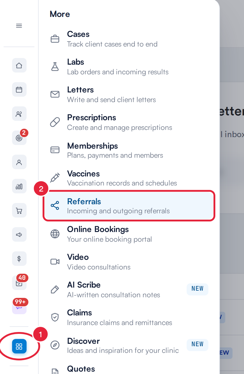 The More menu in the left sidebar with the More button and the Referrals item marked