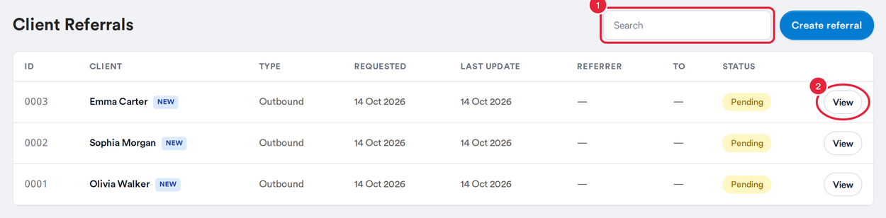 The Client Referrals list with the Search box and a View button marked