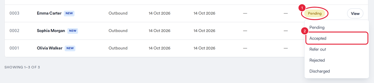 A referral's status menu open with Pending, Accepted, Refer out, Rejected and Discharged