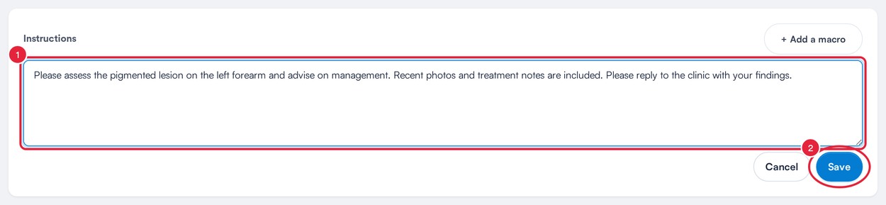 The Instructions box of a referral being edited, with the Save button marked