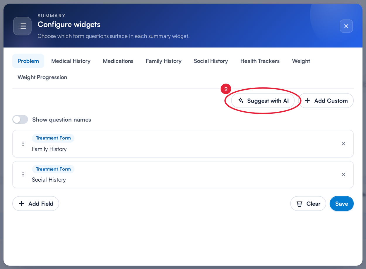 The Configure widgets window with the Suggest with AI button marked