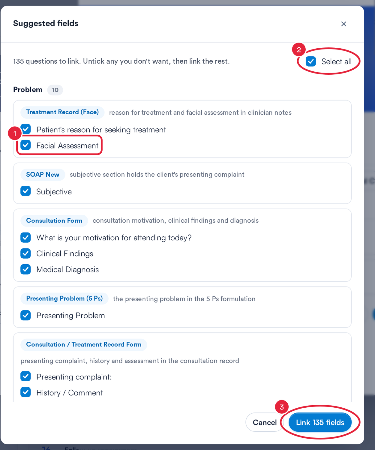 The Suggested fields window listing questions grouped by widget and form, with a question, Select all and the Link fields button marked