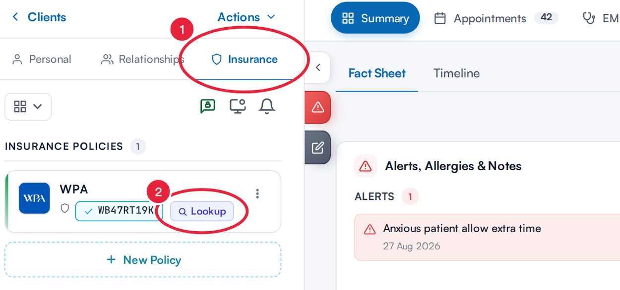 The client card Insurance tab with a WPA policy and its Lookup button marked