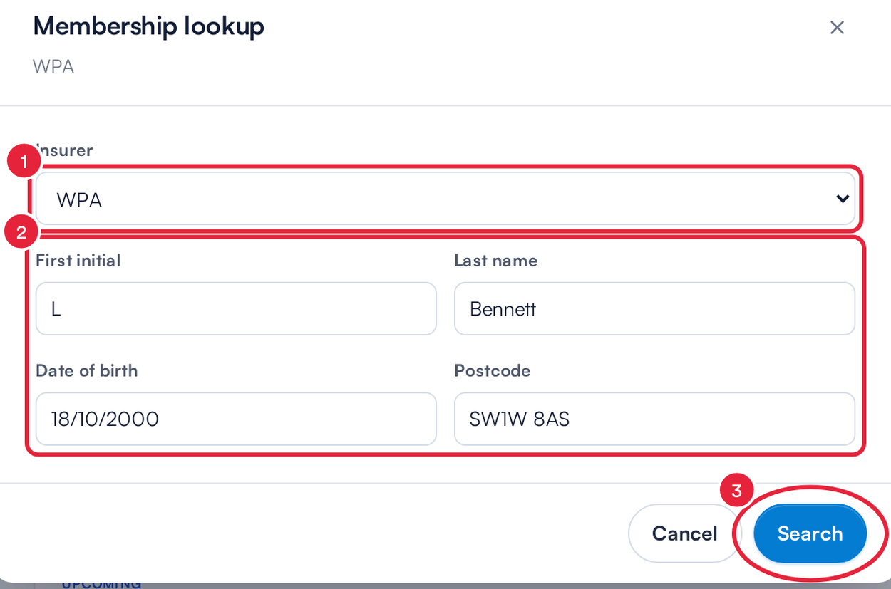 The Membership lookup window with the Insurer, the client's details and the Search button marked