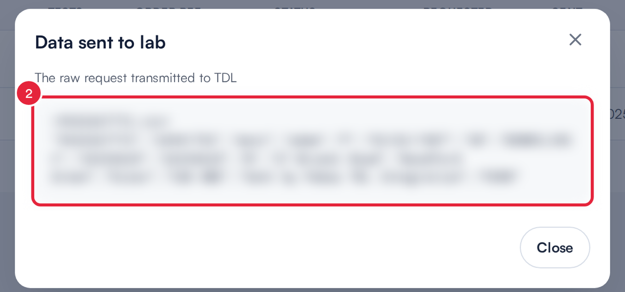 The Data sent to lab window, with the request it shows blurred