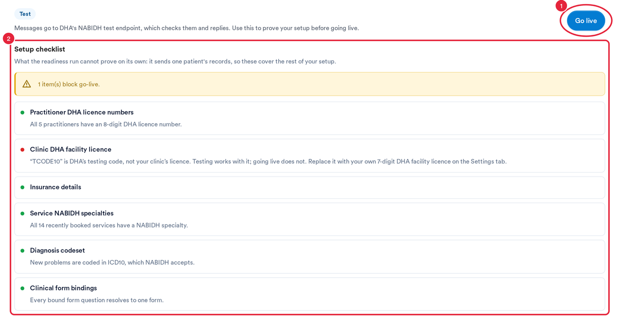 The Review tab of a NABIDH connection with the Go live button and the Setup checklist marked