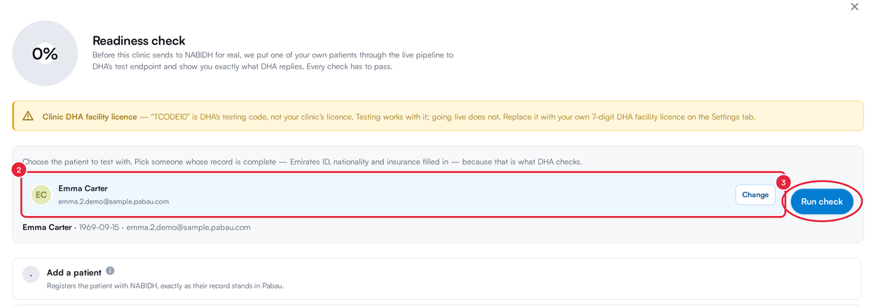 The Readiness check with a test patient chosen and the Run check button marked