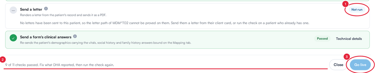 The bottom of the readiness check with a Not run check, the summary line and the greyed-out Go live button marked