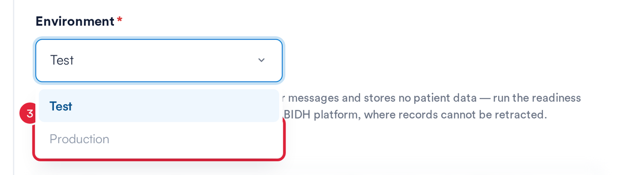 The Environment dropdown on the Settings tab with the greyed-out Production option marked