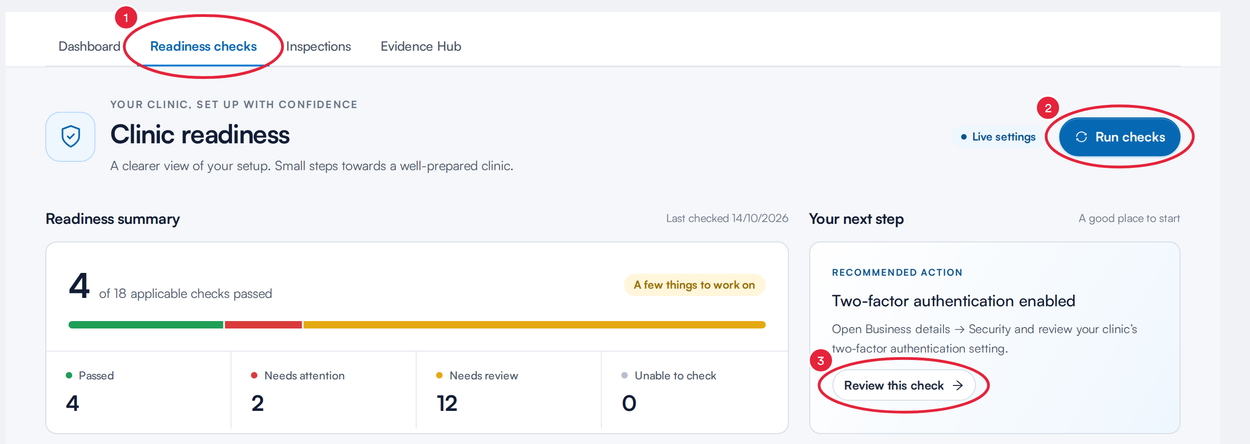 The Readiness checks tab with the tab, the Run checks button and the Review this check button marked