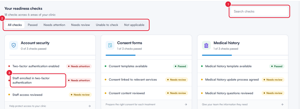 The list of readiness checks with Search checks, the status filter and one check marked