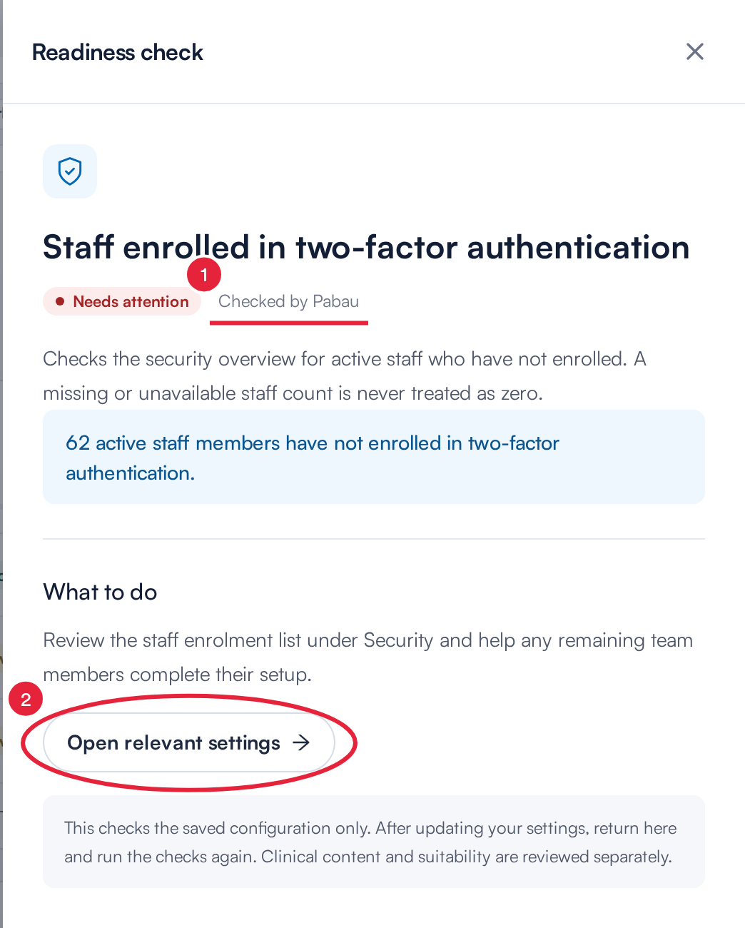 An automatic readiness check showing Checked by Pabau, What to do and the Open relevant settings button