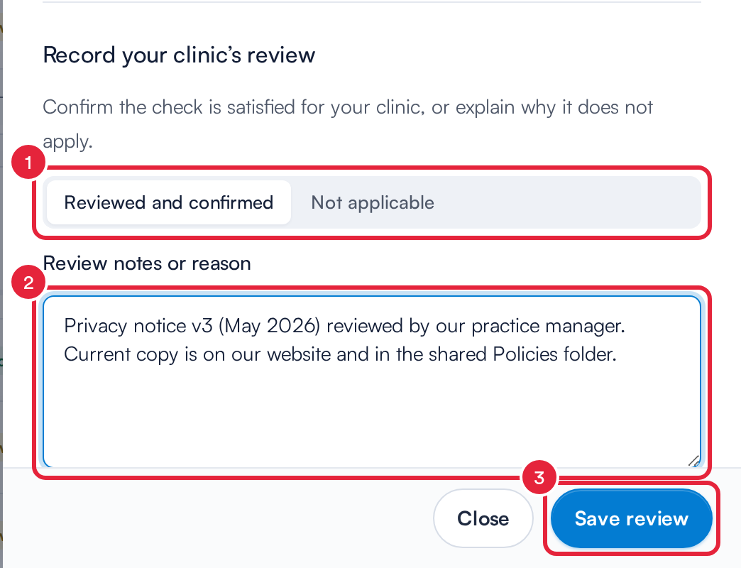The Record your clinic’s review form with the review outcome, the notes box and the Save review button marked