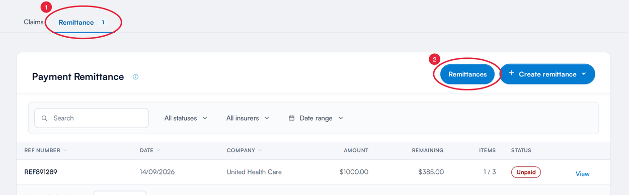 The Remittance tab on the Claims page with the Remittances button marked