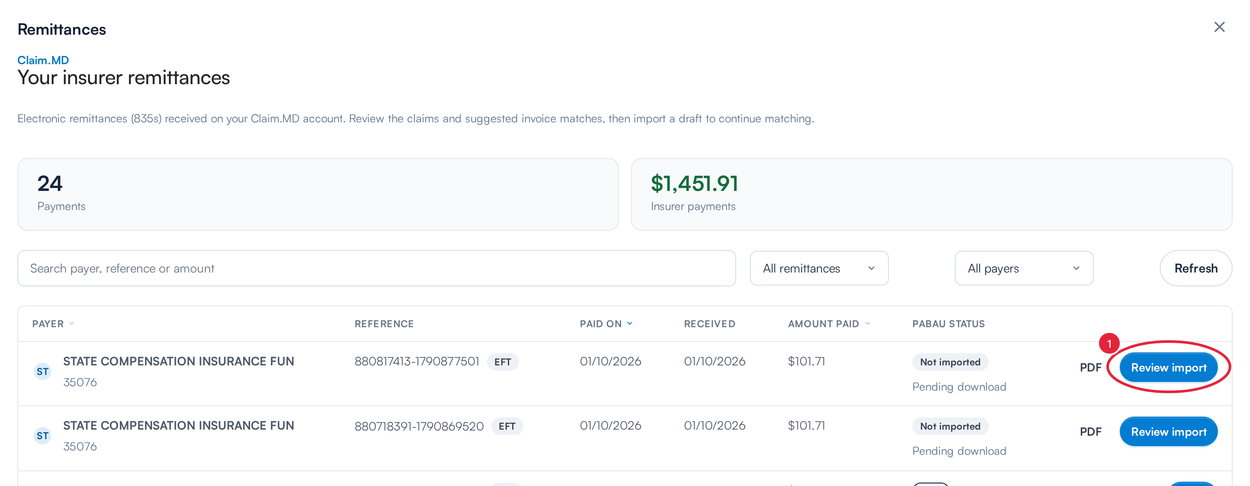 The Claim.MD remittances list with the Review import button on a remittance marked