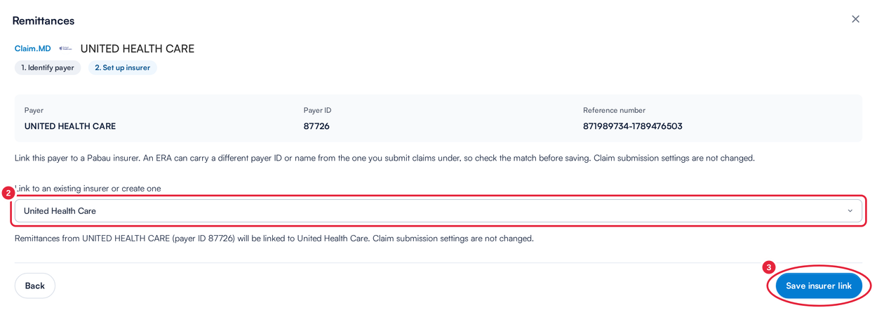 The Set up insurer step with the insurer drop-down and the Save insurer link button marked