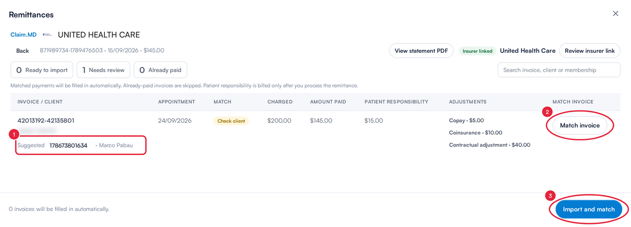 The remittance review screen with a suggested invoice, the Match invoice button and the Import and match button marked