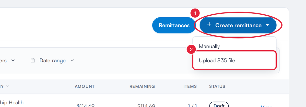 The Create remittance menu with the Upload 835 file option marked
