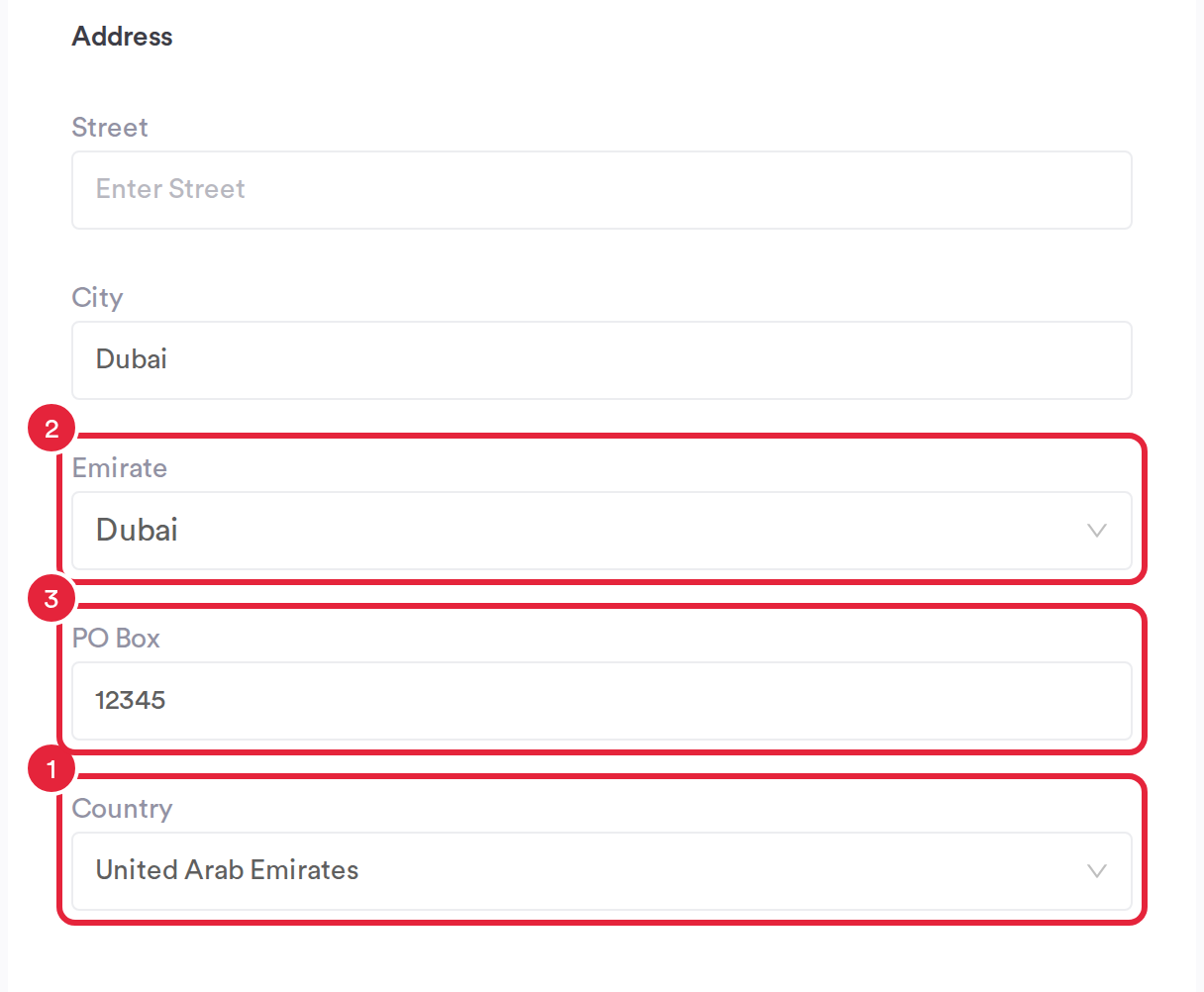 The Address section of the New Client form with Country United Arab Emirates marked 1, the Emirate field marked 2 and the PO Box field marked 3