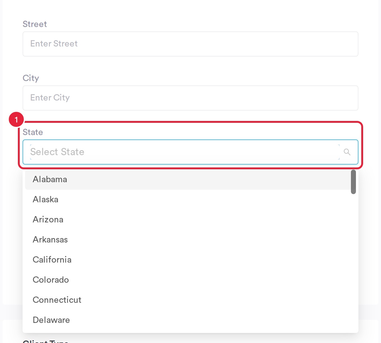 The New Client form with the State field marked 1 and its list of US states open