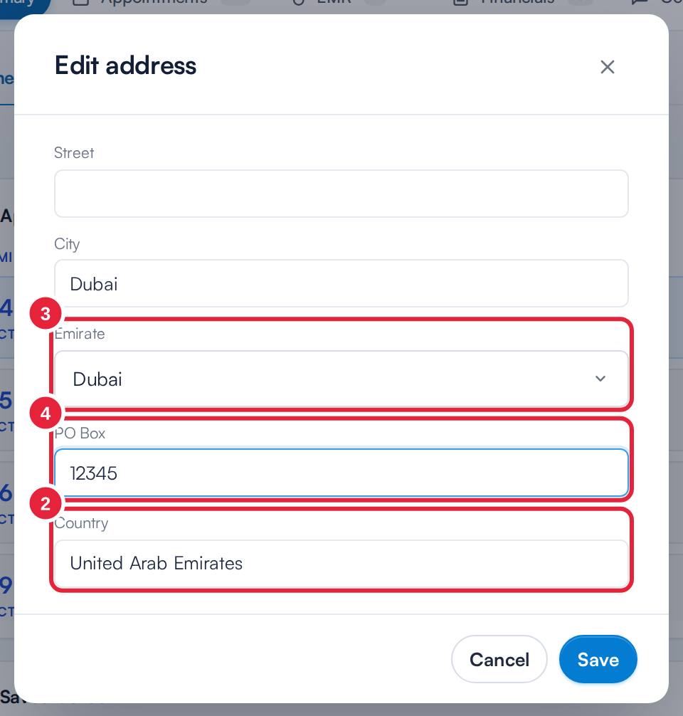 The Edit address window with Country United Arab Emirates marked 2, Emirate marked 3 and PO Box marked 4