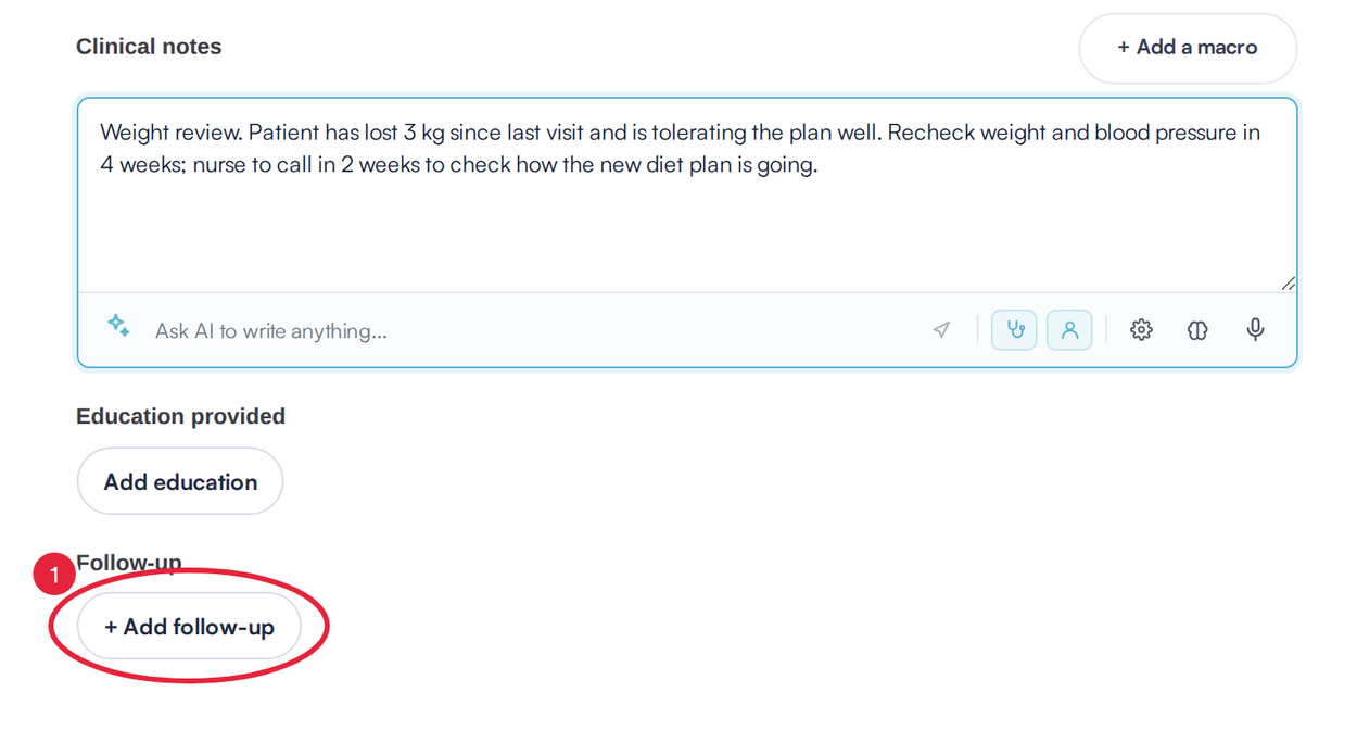 A treatment note with the + Add follow-up button marked