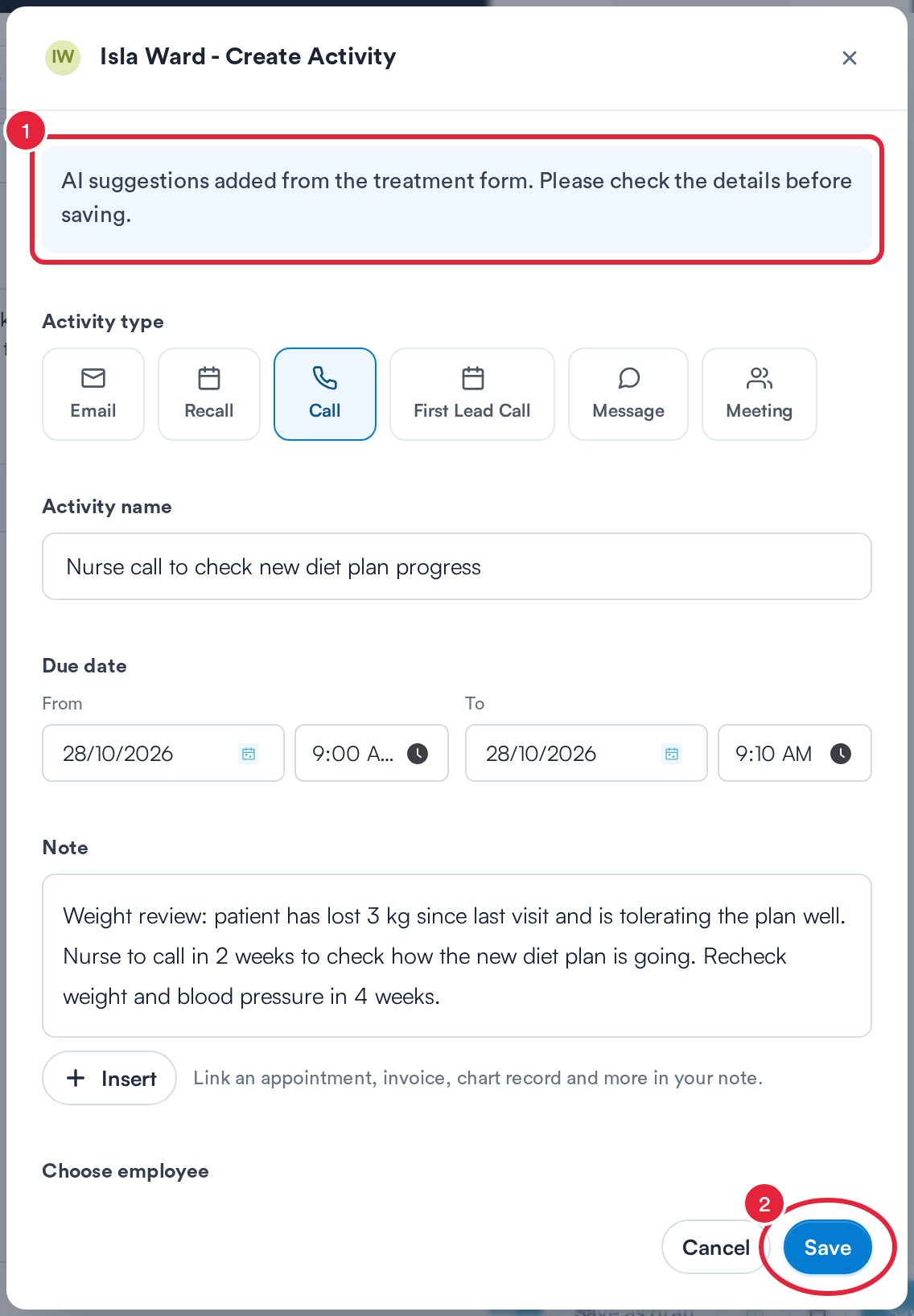 The Create Activity window with AI suggestions added and the Save button marked