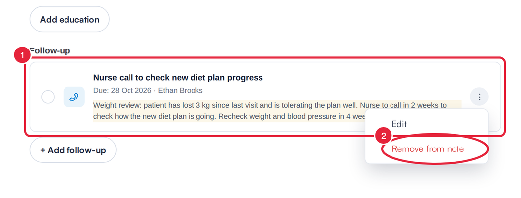 A follow-up activity listed in the note with its menu open showing Edit and Remove from note