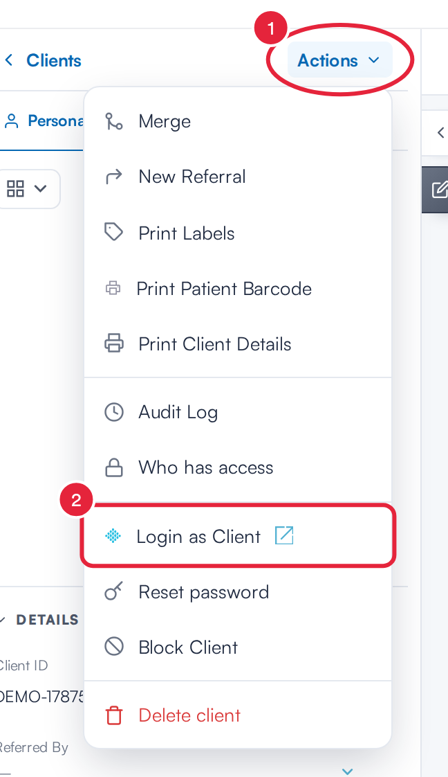 The Actions menu on the client card with Login as Client marked