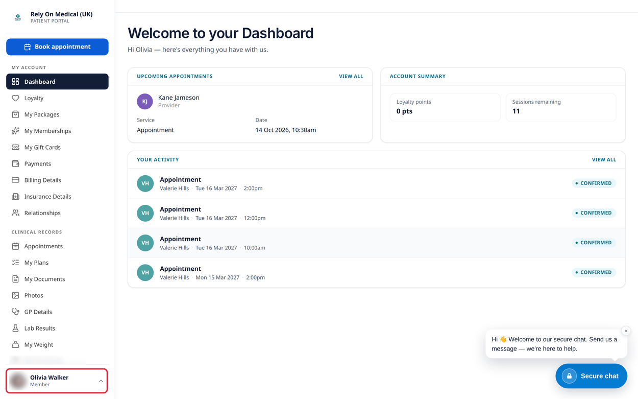 The Client Portal dashboard opened as the client, with the client's name marked at the bottom of the menu