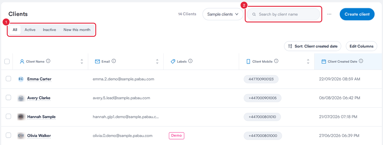 The Clients list with the All, Active, Inactive and New this month tabs marked 1 and the Search by client name box marked 2