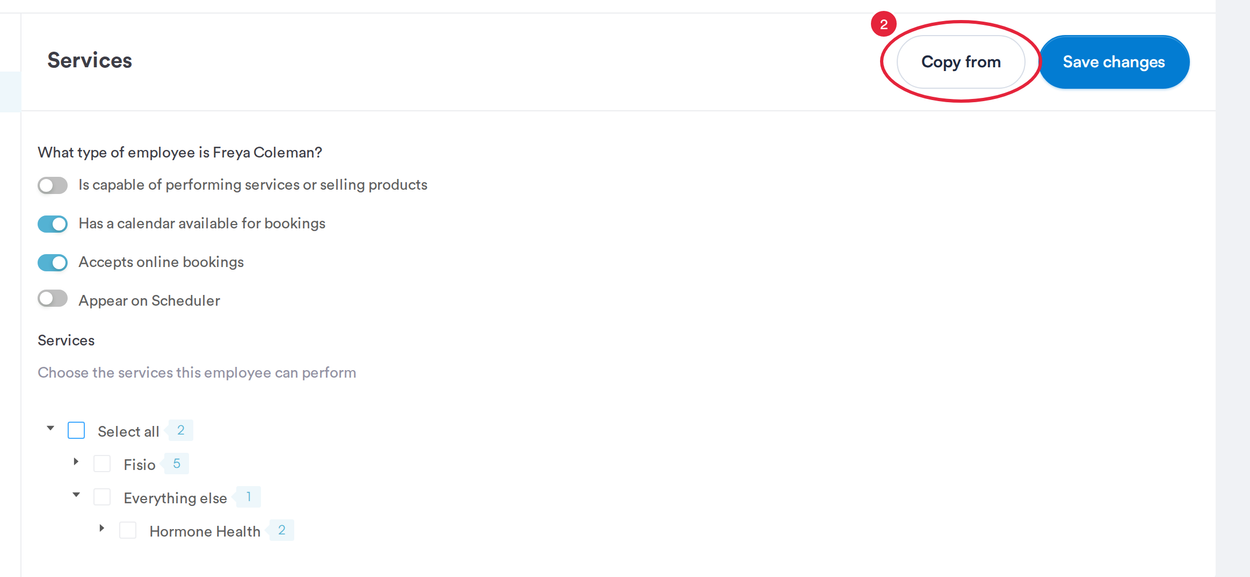 The Services tab of a team member with no services ticked yet and the Copy from button marked