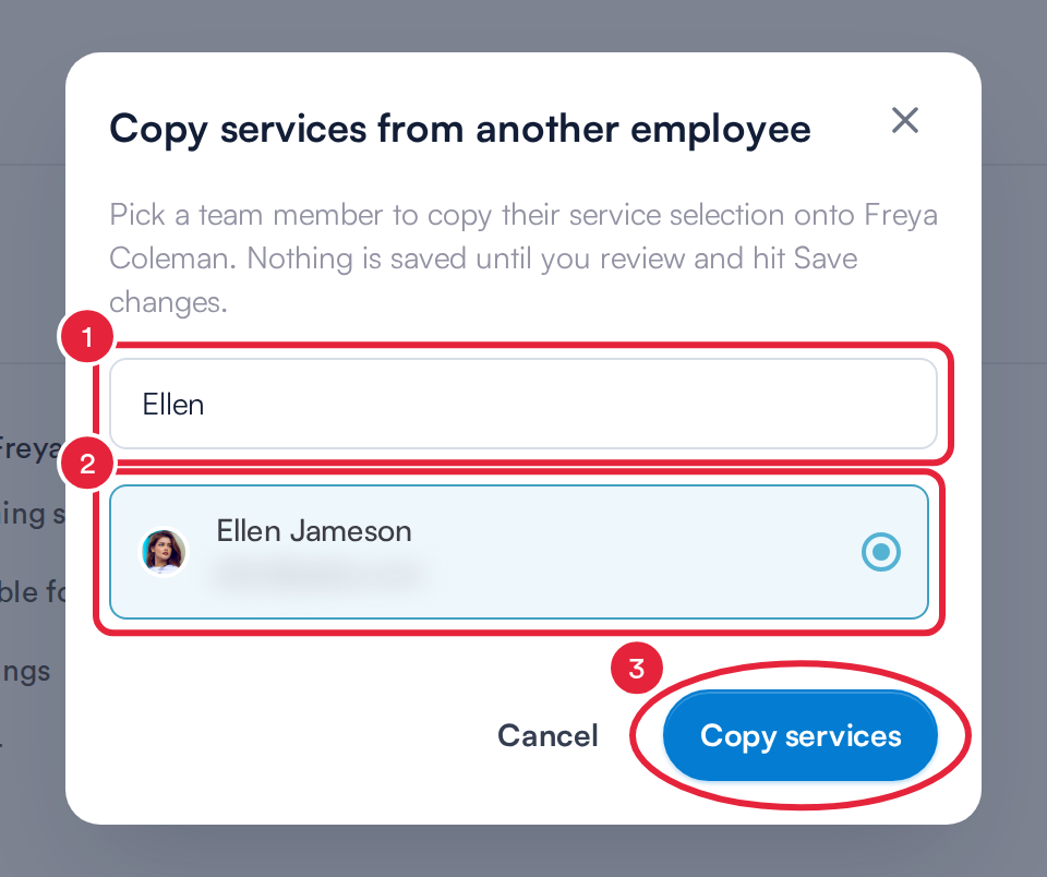 The Copy services from another employee dialog with a search entered, a colleague selected and the Copy services button marked