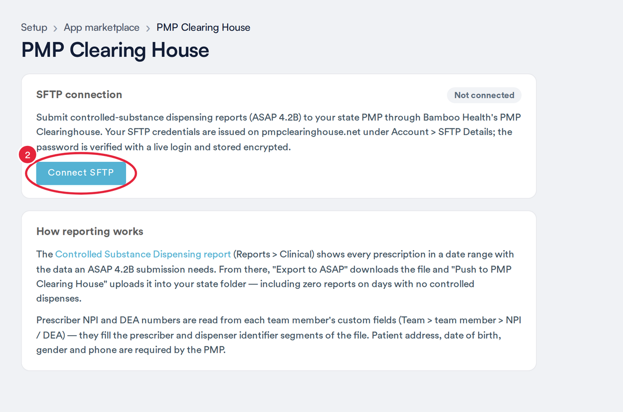The PMP Clearing House page showing Not connected and the Connect SFTP button