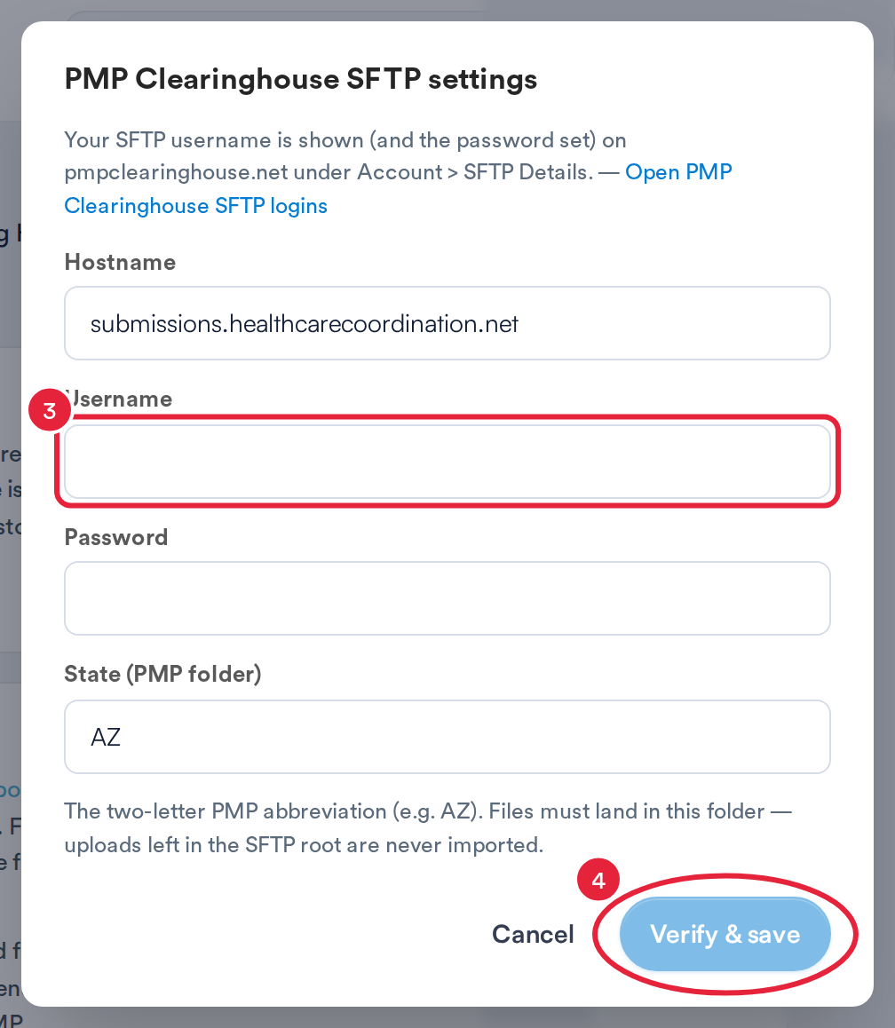 The PMP Clearinghouse SFTP settings window with Hostname, Username, Password and State fields