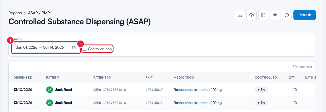 The Controlled Substance Dispensing report with the Dates filter, Controlled only and the report columns