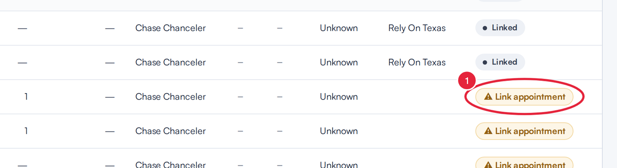 A line with the Link appointment button in the Appointment column