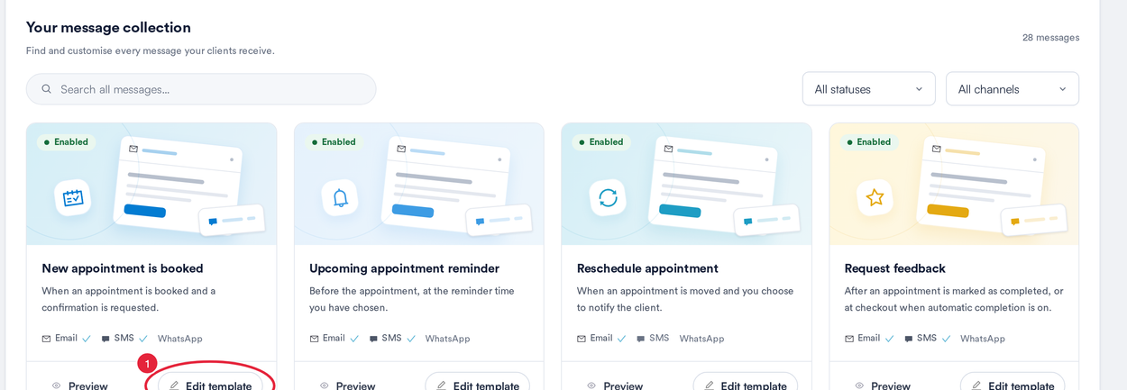 The message collection with the Edit template button marked on New appointment is booked