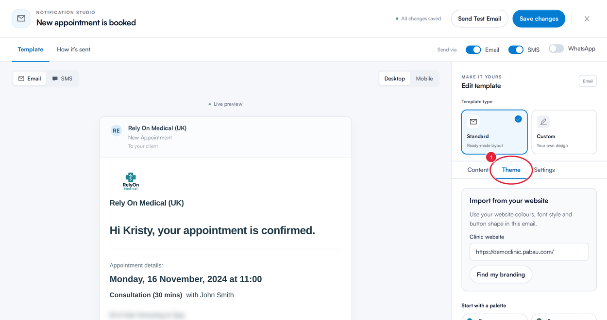 The notification studio with the Theme tab marked and the live preview on the left