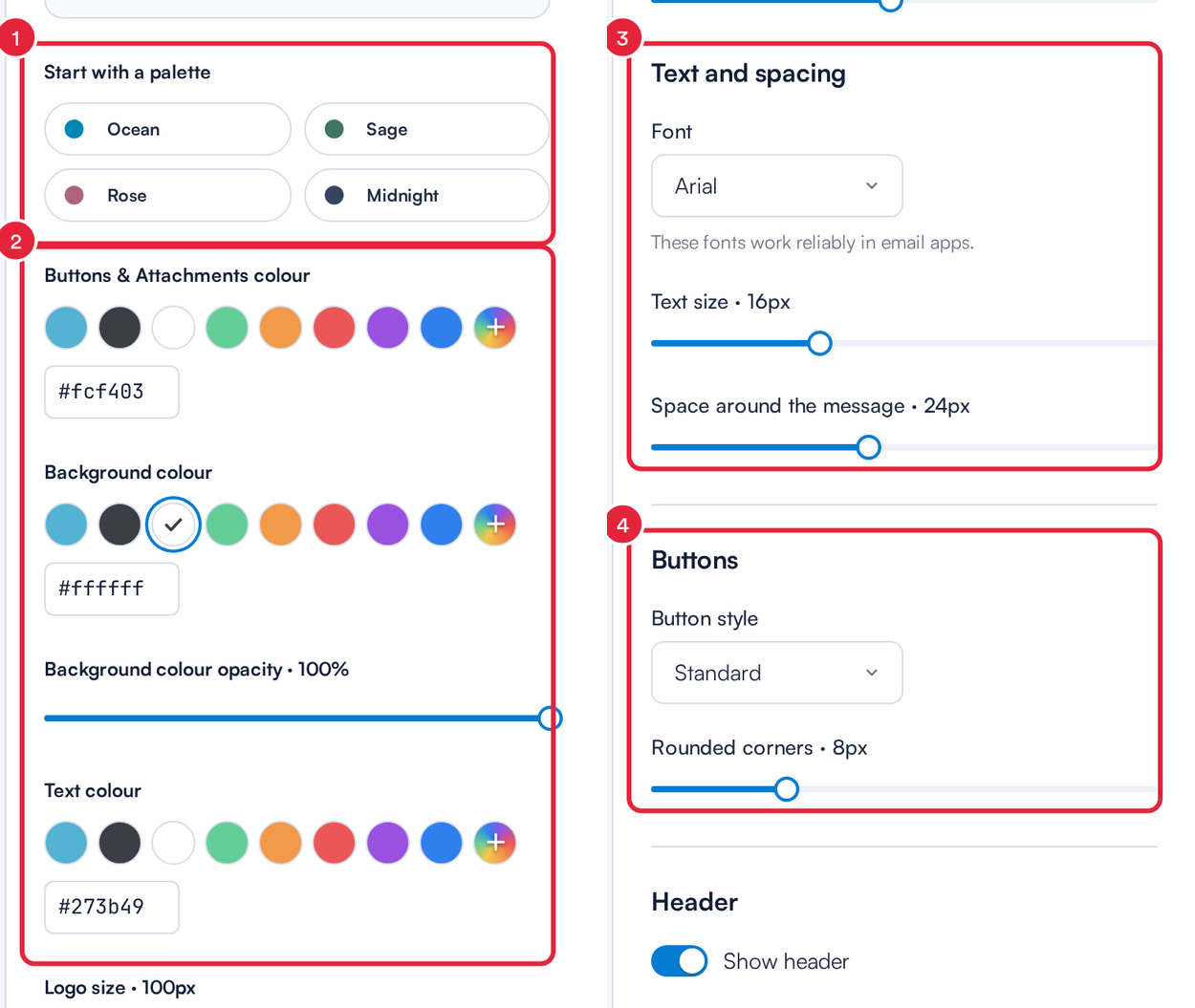 The palette, colour pickers, Text and spacing and Buttons settings, numbered 1 to 4