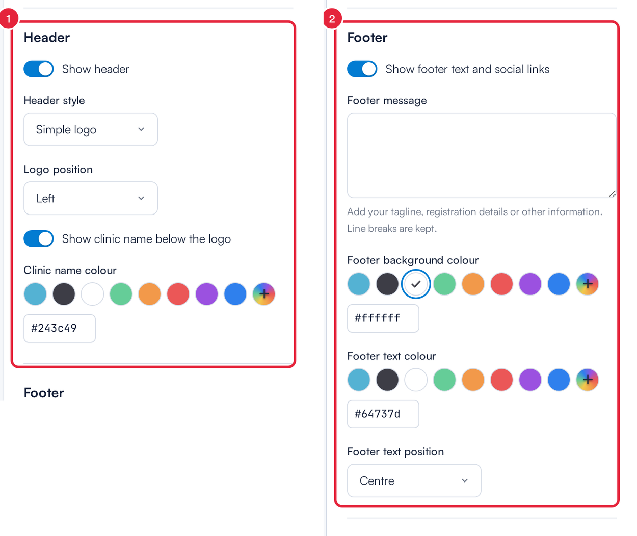 The Header and Footer settings on the Theme tab