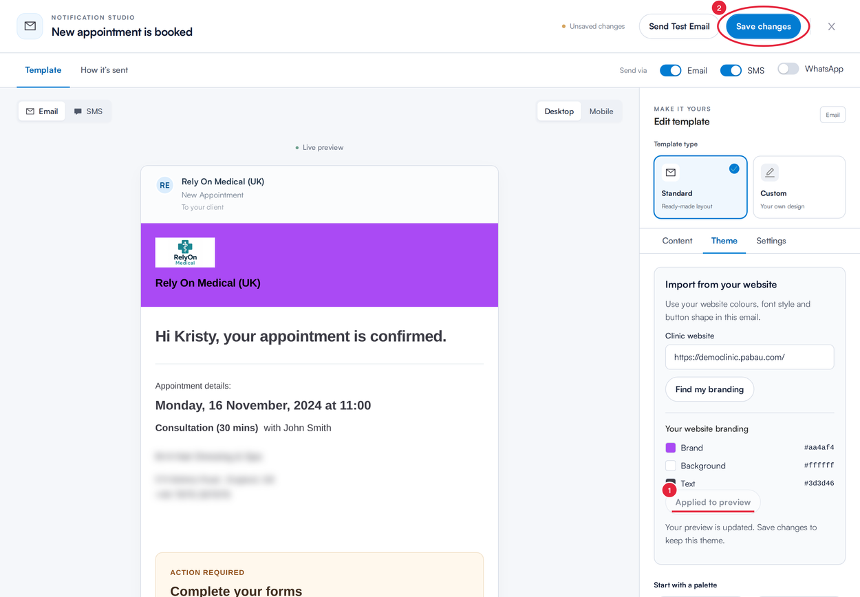 The studio after applying website branding, showing a coloured banner in the preview, Applied to preview and the Save changes button marked