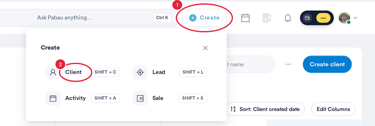 The Create button at the top of the screen and the Client option in the Create menu marked